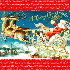 Vintage Old World Christmas Santa Claus & Reindeer Flying over Village, Instant Digital Download. Plus FREE Gift Download