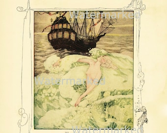 Vintage Fairy Tales, The Little Mermaid & Ship, From the Golden Age of Children's Illustration, Instant Download Digital Image