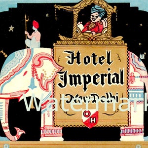 Vintage Delhi Elephant  Imperial Hotel, India Luggage Label, Digital Image