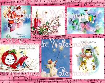 Vintage 6 Stück Mid Century Christmas Collage Sheet, African American Santa Claus, Engel, Schneemann, Vögel, etc.. Sofortiger digitaler Download.