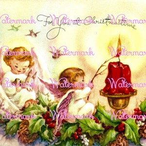 Vintage 50er Jahre Weihnachtskarte, Baby Engel, Kerzen, & Vögel. Sofortiger digitaler Download. Plus GRATIS Geschenk.