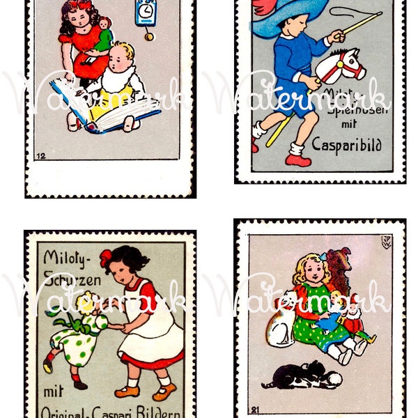 4 Antique Vintage Children & Baby Poster Stamps Images. Set of 4. Instant Digital Download.