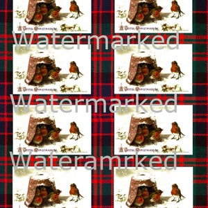 Vintage 8 Large Traditional Red Christmas Robins in Flowerpot, Gift Tags Sheet on Red Plaid. Instant Digital Download.