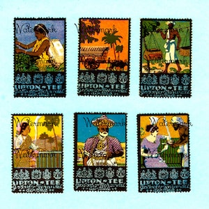 6 Vintage Antike Lipton Teestempel aus Indien, Poster Stempel. Sofort Download Digitales Bild.