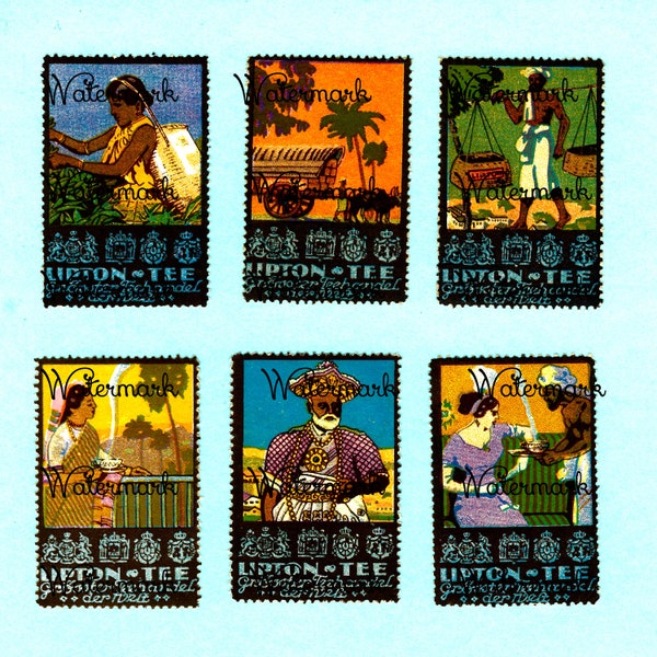 6 Vintage Antique Lipton Tea Stamps from India, Poster Stamps. Instant Download Digital Image.