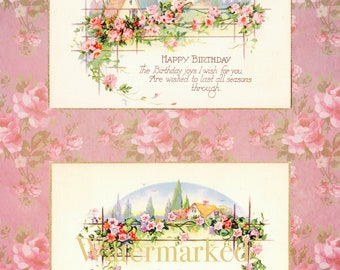 Vintage 2 Art Deco Geburtstagspostkarten, Kleine Landhäuser & Gärten, auf weichem rosa Hintergrund. Digitaler Download