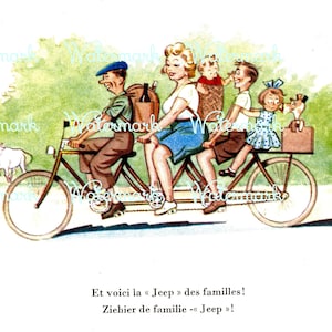 Vintage französische Familie auf einem Fahrrad. 2 Versionen enthalten. Sofortiger digitaler Download