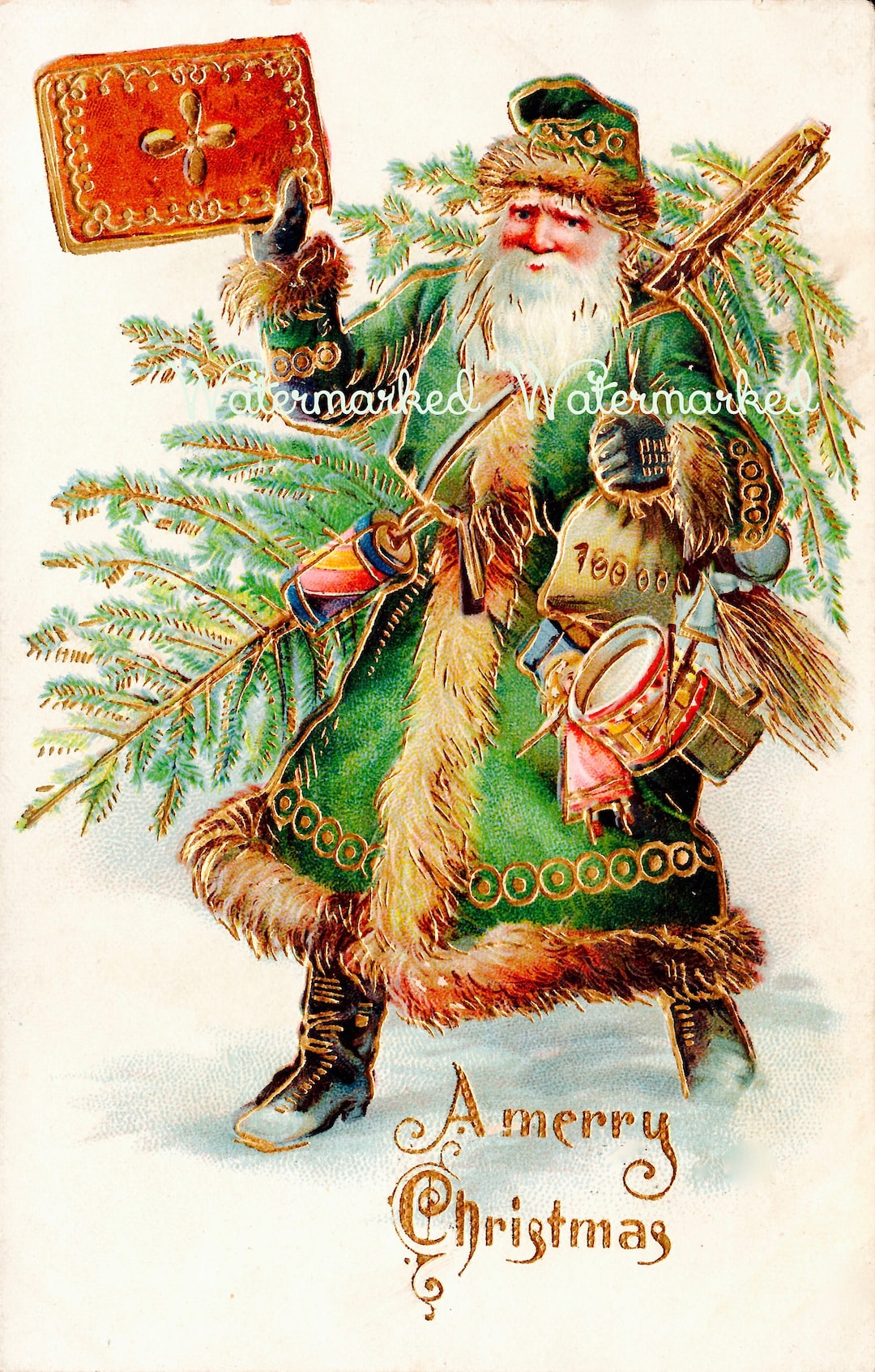 Vintage Old World Christmas Green & Gold Robed Santa Claus With Toys ...
