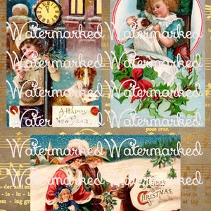 Vintage Old World Style Christmas Critters Collage Sheet, 3 Large Postcard Images for Tags, Cards, & Projects. Instant Digital Download