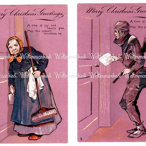 Rare cartoline natalizie vintage del Vecchio Mondo: 2 personaggi vittoriani, la governante e lo spazzacamino. Download digitale istantaneo