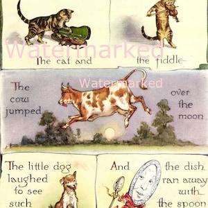 Vintage Children&#39;s Illustration Hey Diddle Diddle, the Cat & the Fiddle. Instant Digital Download. Plus FREE gift.
