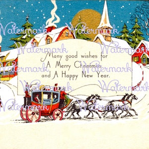 Vintage Art Deco Christmas Card, Blue Sky & Coach. Instant Download