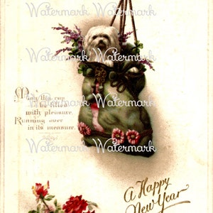 Vintage Sweet Puppy Dog Old European Christmas New Year Postcard Image, Gift Sack & White Puppy Dog. Instant Digital Download