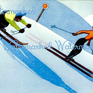 Vintage 30's Art Déco Hiver ou Noël, Pretty Skiing Girl Chased by Guy & Snow Landscape. Afro-américain. Téléchargement numérique
