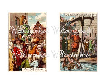 vintage Medieval German Punishments Set #3 Town Pickpocket (?) & Card Sharp. Téléchargement numérique instantané.