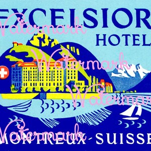 Vintage Big Blue Fish, Excelsior Hotel, Swiss. Luggage Label, Digital Image