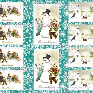 Vintage French New Year & Winter 8 Medium, 2 Large Children, Snowmen, Dogs, Gift Tags Sheet. Instant Digital Download.