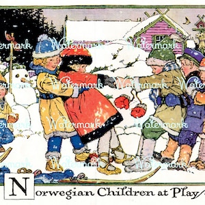 Vintage Norwegian Children at Play Illustration. Instant Digital Download.