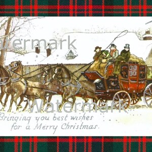Vintage Art Deco Village Coach & Horses, en Red Plaid. Descarga digital instantánea. Además de regalo GRATIS.