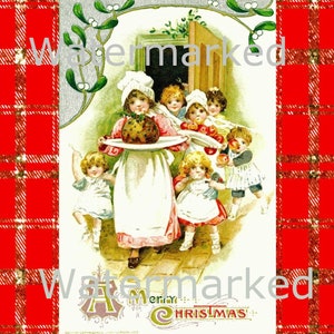 Vintage Old World Christmas, Mother & Children on Plaid Background. Instant Digital Download. Plus FREE Gift Download
