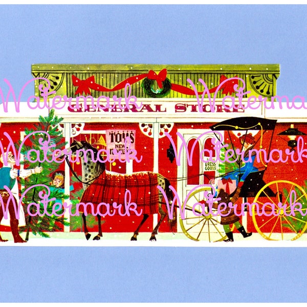 Vintage Fussy Cut Christmas Card, General Store, Toys, Horse & Buggy,  . Print, Cut, and Fold. Mid Century Instant Digital Download.