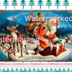 Vintage Mid Century Weihnachtsmann & Rentier am Schornstein, Digitaler Download