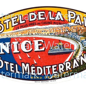 Vintage Nice, France Hotel, Luggage Label, Instant Download  Digital Image
