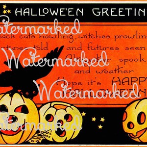 Vintage Halloween Greeting with JOLs & Black Crow, Instant Digital Download.