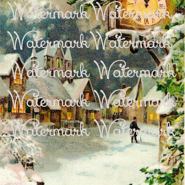 Vintage Soft Christmas Postcard Image, Village at Night, Snow Scene & New Years Clock. Instant Digital Download