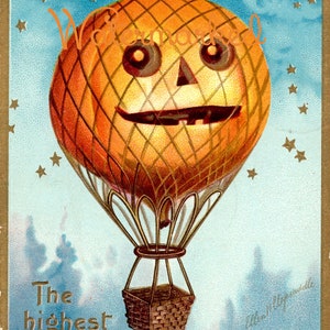 Balão de ar quente Clapsaddle vintage de Halloween com rosto JOL. Download digital