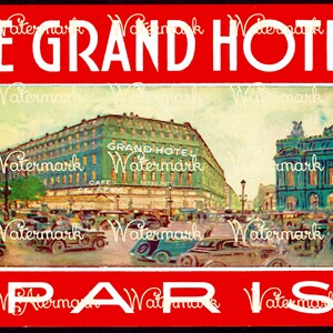 Vintage Le Grand Hotel, Paryż, Francja, Etykieta na bagaż, Natychmiastowe pobranie cyfrowe