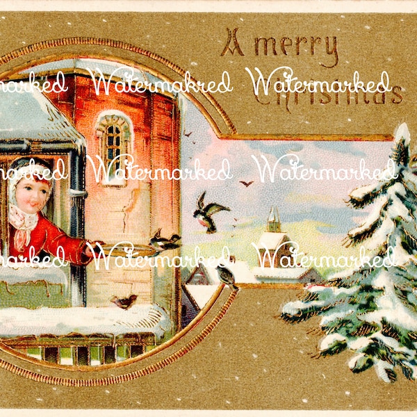 Vintage Old World Christmas, Girls at Window Feeding Birds. Instant Digital Download.