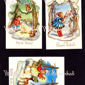 Vintage 3 Old World Winter Christmas, Italian Postcards of Children & Animals in Snow, Instant Digital Download