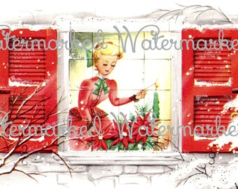 Vintage 50's Christmas, Blonde Lady at Window Lighting Candle. Digital Download