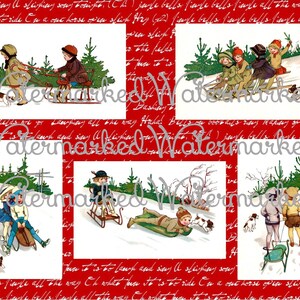 Vintage Scandinavian Winter or Christmas Collage Sheet, Sledding Children. Instant Digital Download.