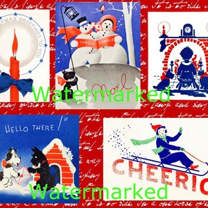 Vintage Art Deco Red, White, & Blue Christmas Collage Sheet, 5 Cards or XL Tags, Digital Download