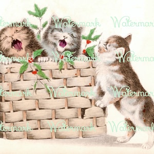 Vintage Old World Basket of Yowling Christmas Kittens, Instant Digital Download.