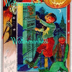 Vintage Halloween Nash-Jaeger Rascally Boys Ringing Doorbell. Witch, JOL, Green Cat, Owl. Digital Download