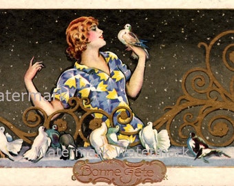 Vintage French Birthday or Greeting, Elegant Lady & Doves. Digital Download