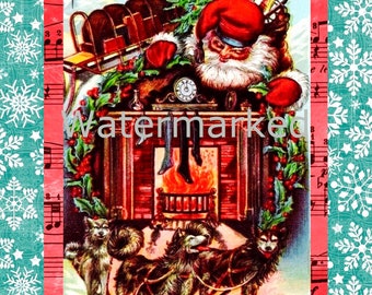 Vintage Old World Christmas,  Santa Claus & Husky Dogs. "Double Matted". Instant Digital Download. Plus FREE Gift Download