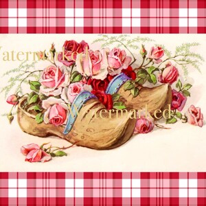 Vintage Victorian Dutch Clogs or Wooden Shoes & Roses, on Red Plaid. Instant Digital Download. Plus FREE gift.