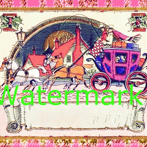 Vintage Art Deco Christmas Coach & Horses, Hot Pink on Pink Plaid, Instant Digital Download