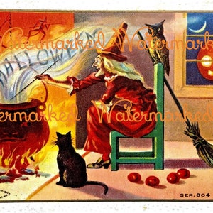Vintage Halloween, Heks bij Vuur Roerende Ketel, Uil &Zwarte Kat, Digitale Download.