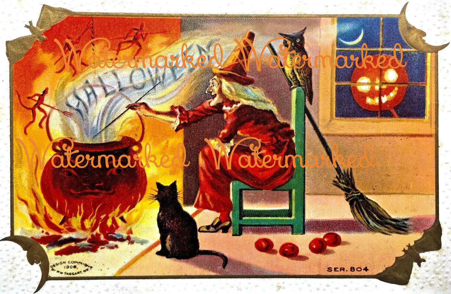 Vintage Halloween, Witch at Fire Stirring Cauldron, Owl & Black Cat, Digital Download.