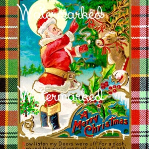 Vintage Alte Welt Weihnachtsmann & Rentier, auf Tartan. Digitaler Download