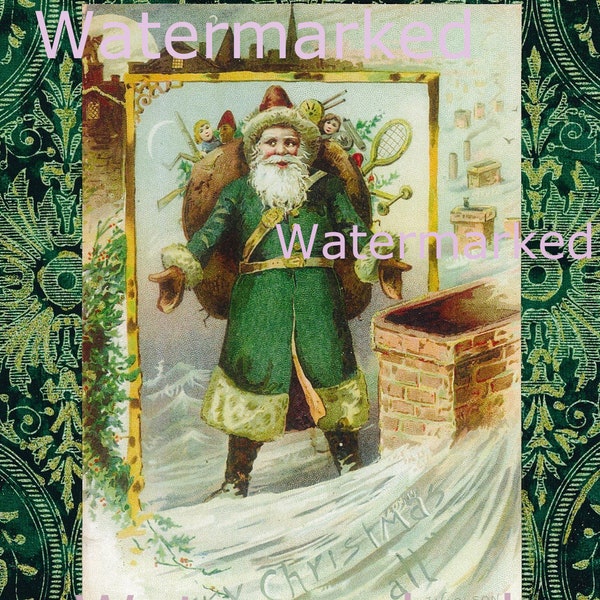 Vintage Old World Christmas, Grüner Weihnachtsmann auf dem Dach, Damast Hintergrund. Sofortiger digitaler Download