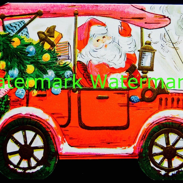 Vintage Alter 50er Jahre Weihnachtsmann im Auto voller Spielzeug. Sofortiger digitaler Download. Plus GRATIS Geschenk.