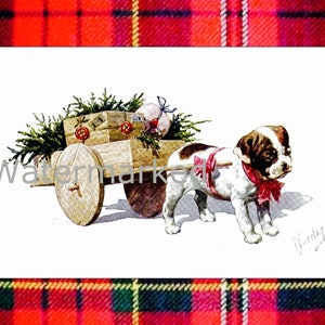 Vintage Victorian Puppy Dog Pulling Christmas Cart Red Plaid. Instant Digital Download.