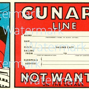 Vintage Cunard Line, Cruise Ship, Luggage Label, Instant Download, Digital Image