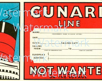 Vintage Cunard Line, Cruise Ship, Luggage Label, Instant Download, Digital Image
